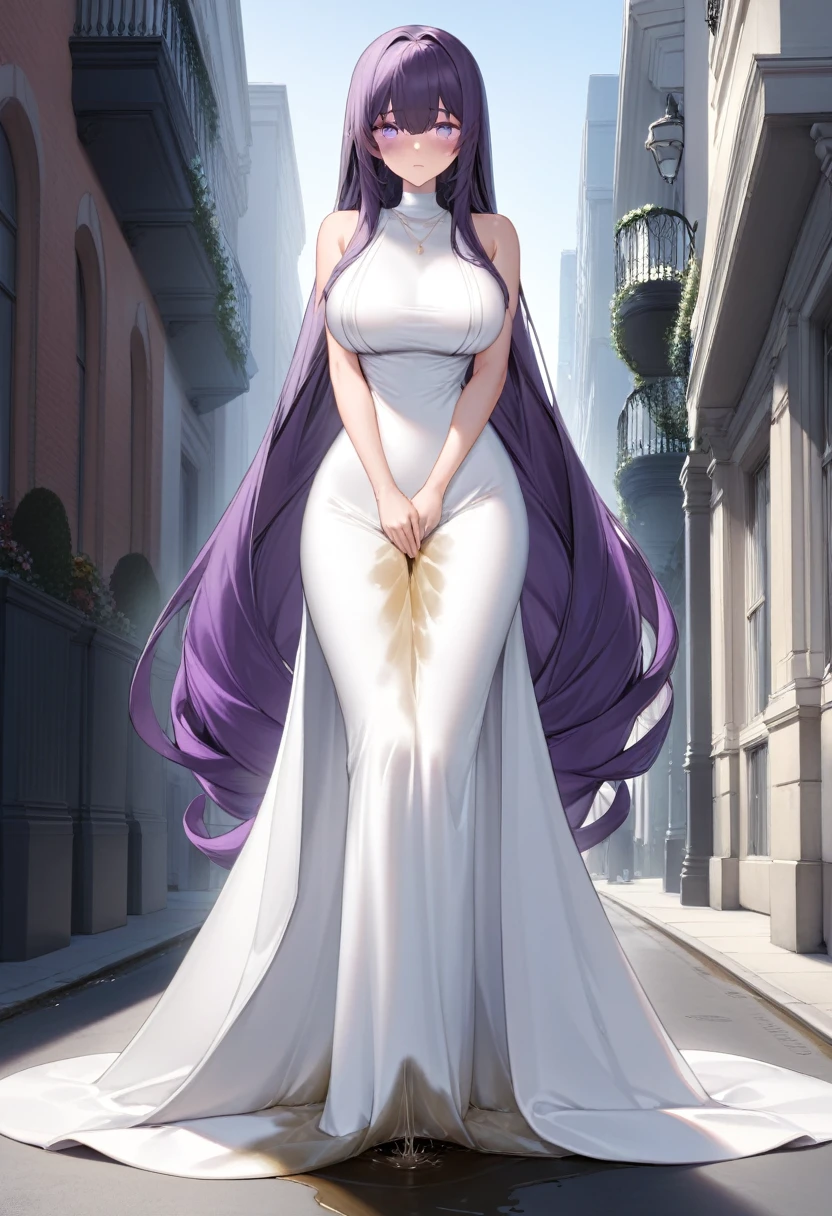 (masterpiece:1.37), best quality, (extremely detailed:1.37) woman, (adult:1.5), (very long hair:1.5), dark purple hair, purple eyes, (extremely detailed eyes:1.37), breasts, (very long dress:1.5), (very tight dress:2.0), white dress, (wetting herself:2.0), standing straight, full body day, daytime, glow, facing viewer, perfect composition, full body, city, street