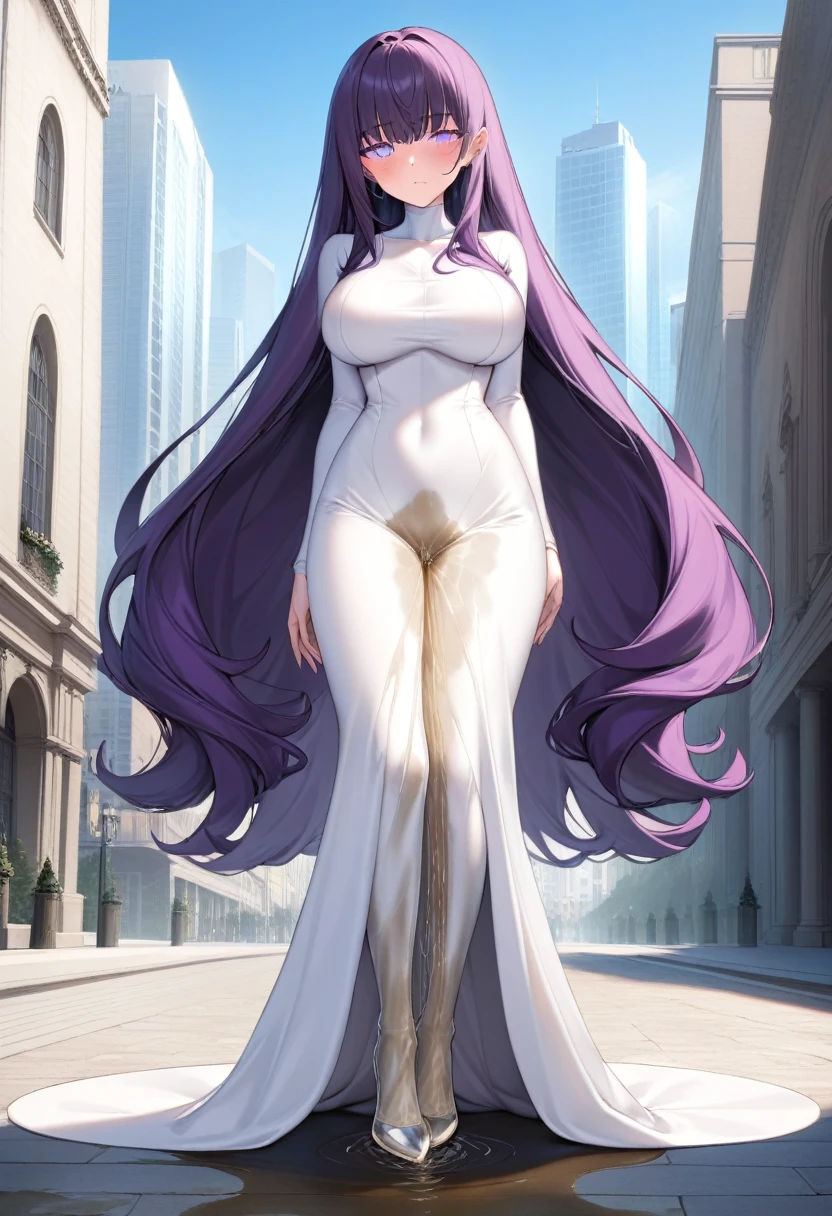 (masterpiece:1.37), best quality, (extremely detailed:1.37) woman, (adult:1.5), (very long hair:1.5), dark purple hair, purple eyes, (extremely detailed eyes:1.37), , (very long dress:1.5), (very tight dress:2.0), white dress, (wetting herself:2.0), standing straight, full body day, daytime, glow, facing viewer, perfect composition, full body, city, street