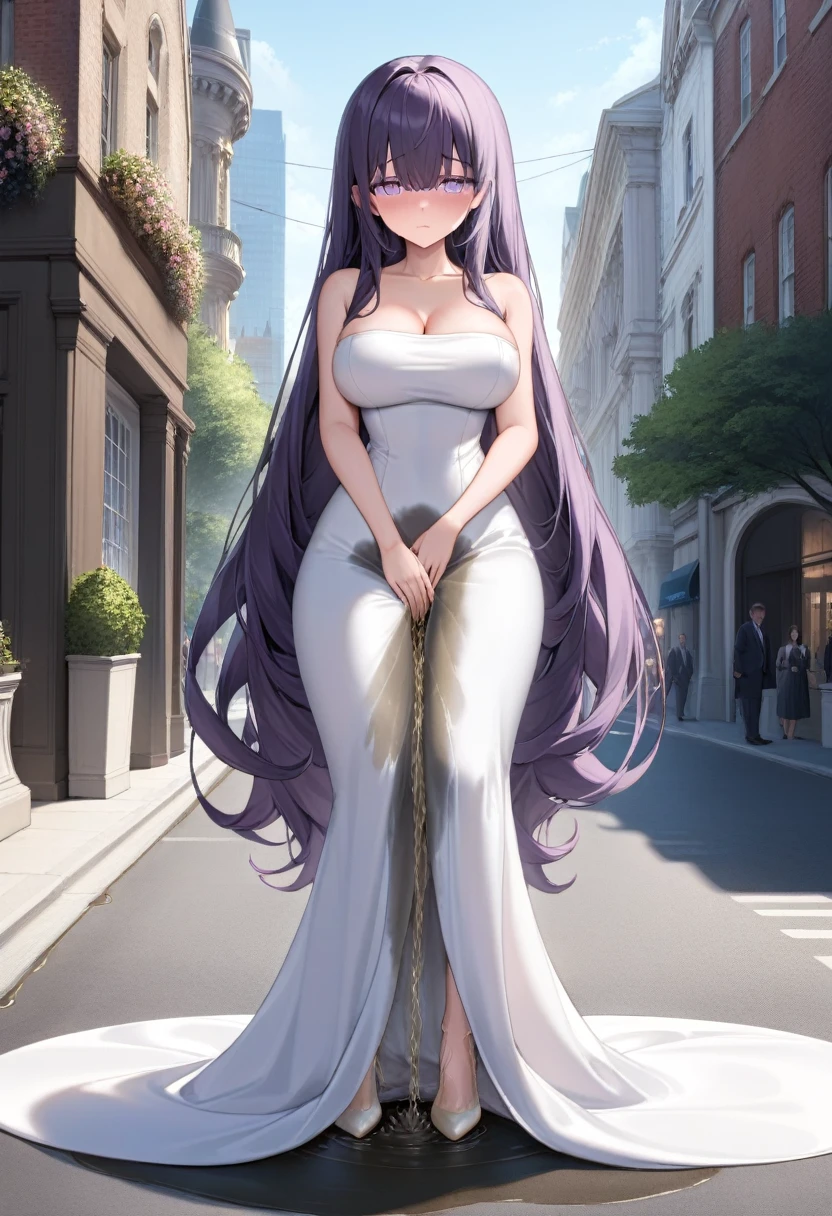 (masterpiece:1.37), best quality, (extremely detailed:1.37) woman, (adult:1.5), (very long hair:1.5), dark purple hair, purple eyes, (extremely detailed eyes:1.37), breasts, (very long dress:1.5), (very tight dress:2.0), white dress, (wetting herself:2.0), standing straight, full body day, daytime, glow, facing viewer, perfect composition, full body, city, street