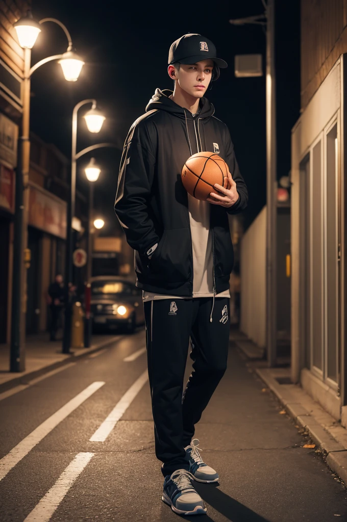 make an image of a man in cold clothes,cap and headphones covering your ears, holding a basketball,illuminated by a streetlight next to a Beetle, I want it to be like a plot attempt but a joke