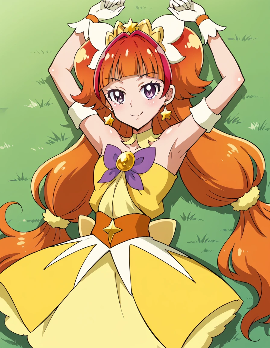 curetwinkle, shiny skin, high quality, solo, lying, on back, arms up, spread arms, closed mouth, on grass, (cowboy shot:1.5), looking at viewer, nervous, smile, best quality,