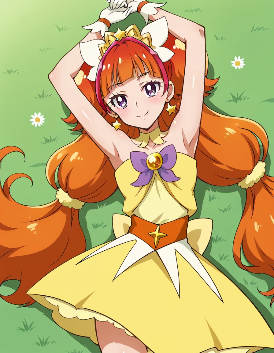 curetwinkle, shiny skin, high quality, solo, lying, on back, arms up, spread arms, closed mouth, on grass, (cowboy shot:1.5), looking at viewer, nervous, smile, best quality,