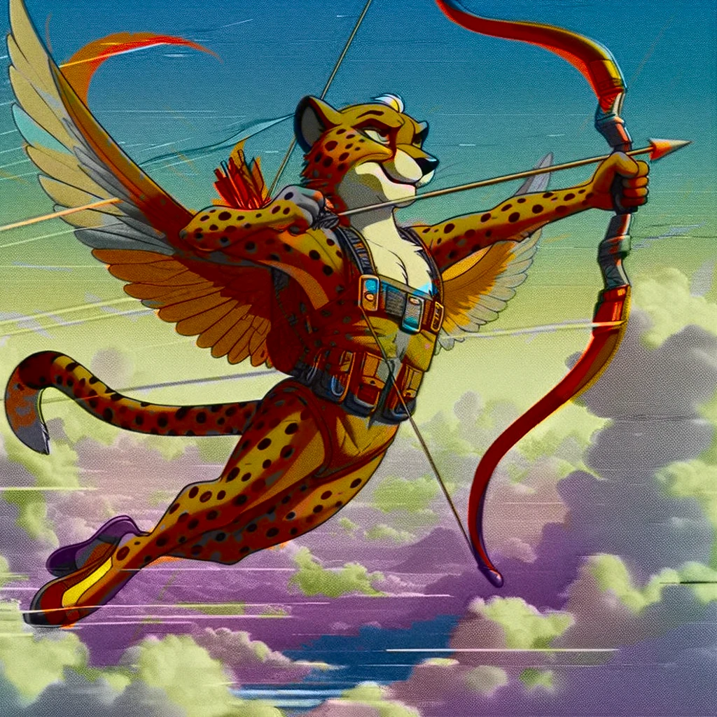 Cheetah wearing wingsuit (hunter, the cheetah from Spyro videogame) VHS, glitch, distorted, nostalgia, 90's retro vibes, analog tape, vcr aesthetics, tv, television, 1990's cartoon homage), comic 1990's, animated tv show screengrab, Cheetah dancing stanky boogie, soaring in the clouds, firing arrow from bow, cinematic poster, image within image, multiple exposure, massive scale, rich color grading for shading depth, hand drawn rotoscope cartoon realism, chiaroscuro lighting, mixed media, vintage comic, retro original design, 1990's comic, sense of movement energy, Hunter from the Spyro series is a tall anthropomorphic cheetah. He has a bright orange color with brown spots all over his coat. His underbelly and goatee are bright yellow, and his paws are a lighter orange. He has somewhat prominent brown eyebrows and bright blue eyes.