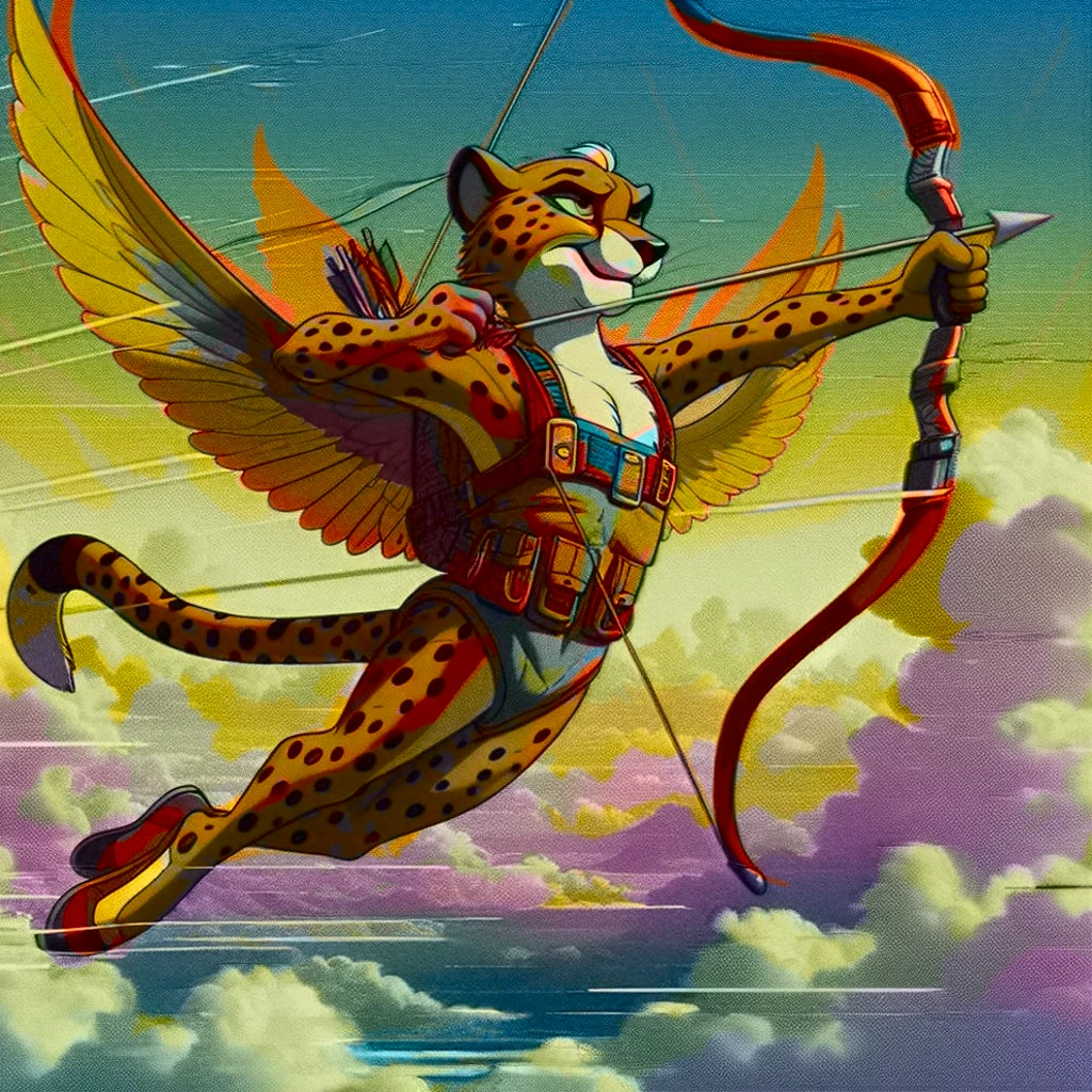Cheetah wearing wingsuit (hunter, the cheetah from Spyro videogame) VHS, glitch, distorted, nostalgia, 90's retro vibes, analog tape, vcr aesthetics, tv, television, 1990's cartoon homage), comic 1990's, animated tv show screengrab, Cheetah dancing stanky boogie, soaring in the clouds, firing arrow from bow, cinematic poster, image within image, multiple exposure, massive scale, rich color grading for shading depth, hand drawn rotoscope cartoon realism, chiaroscuro lighting, mixed media, vintage comic, retro original design, 1990's comic, sense of movement energy, Hunter from the Spyro series is a tall anthropomorphic cheetah. He has a bright orange color with brown spots all over his coat. His underbelly and goatee are bright yellow, and his paws are a lighter orange. He has somewhat prominent brown eyebrows and bright blue eyes.
