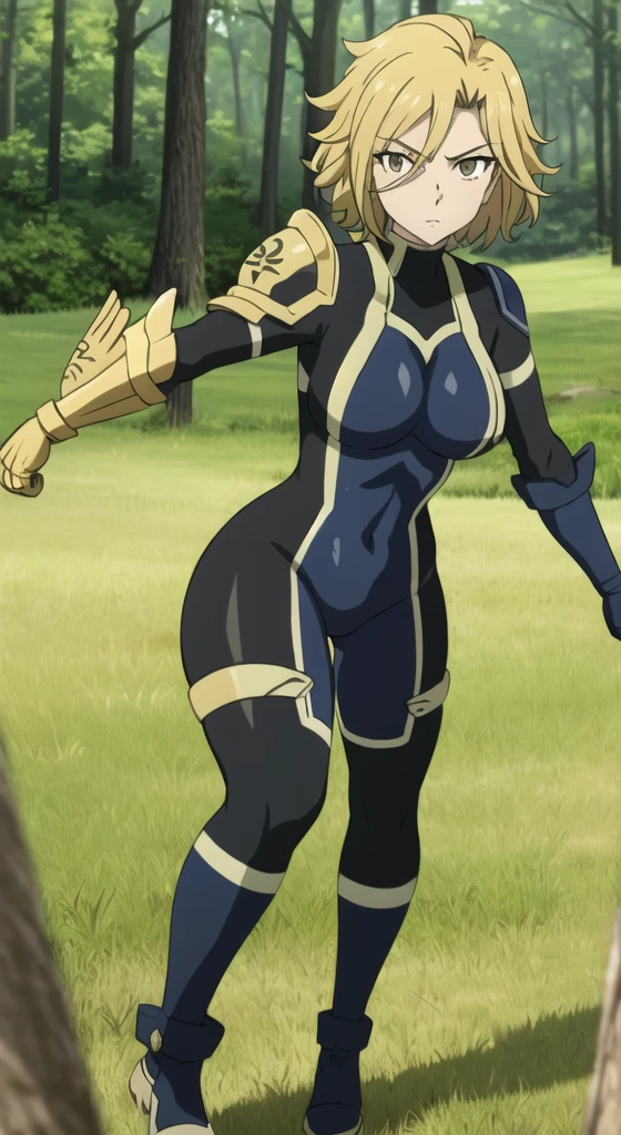 masterpiece, best quality, 1girl, solo dimaria yesta, blue bodysuit, long sleeves, armor, single gauntlet, gloves, dynamic pose, looking at viewer, forest, field