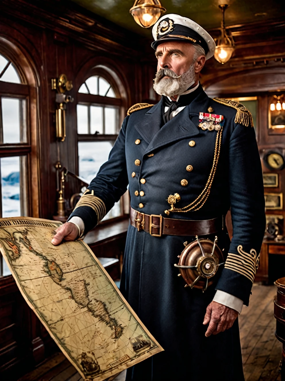 photo focus on male focus, indoors, realistic scenery, (captain nemo:1.1), reading a map of Antarctica , Antarctica, loaded military uniform, steampunk nautilus-style. very wide shot, character photo portrait, film, professional, highly detailed, 