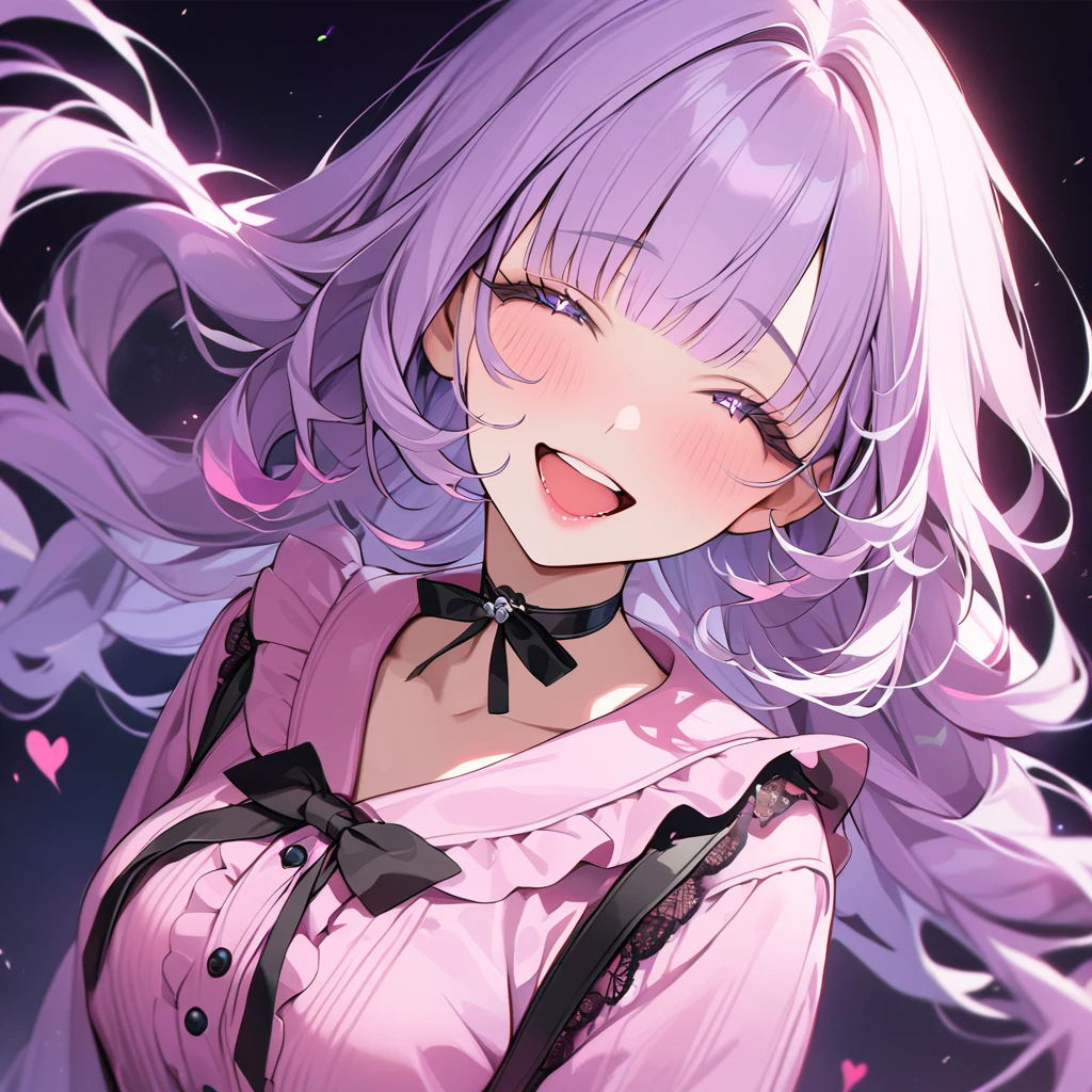 beautiful a girl,pale purple hair,wavy two braids,blunt bangs hair,green and black eyes,(one girl is wearing
pink shirt,cosplay, jirai kei, bangs, black skirt, black bow, looking at viewer, bow, long sleeves, choker, ribbon,pink lips, (highest quality,masterpiece,16K or 8K,Super detailed,),(Upper body、front), background Colorful heart, beautiful, masterpiece, highest quality、floating hair, wavy hair,fluffy hair、 Hair in the wind, green and black colored eyes, long eyelashes, beautiful eyes, light smile, bright pupils, (a girl closes her eyes and opens her mouth and smiles happily.),digital illustration, highest quality,High resolution, happy, laughing,Singing with a microphone in the bright lights of a concert,