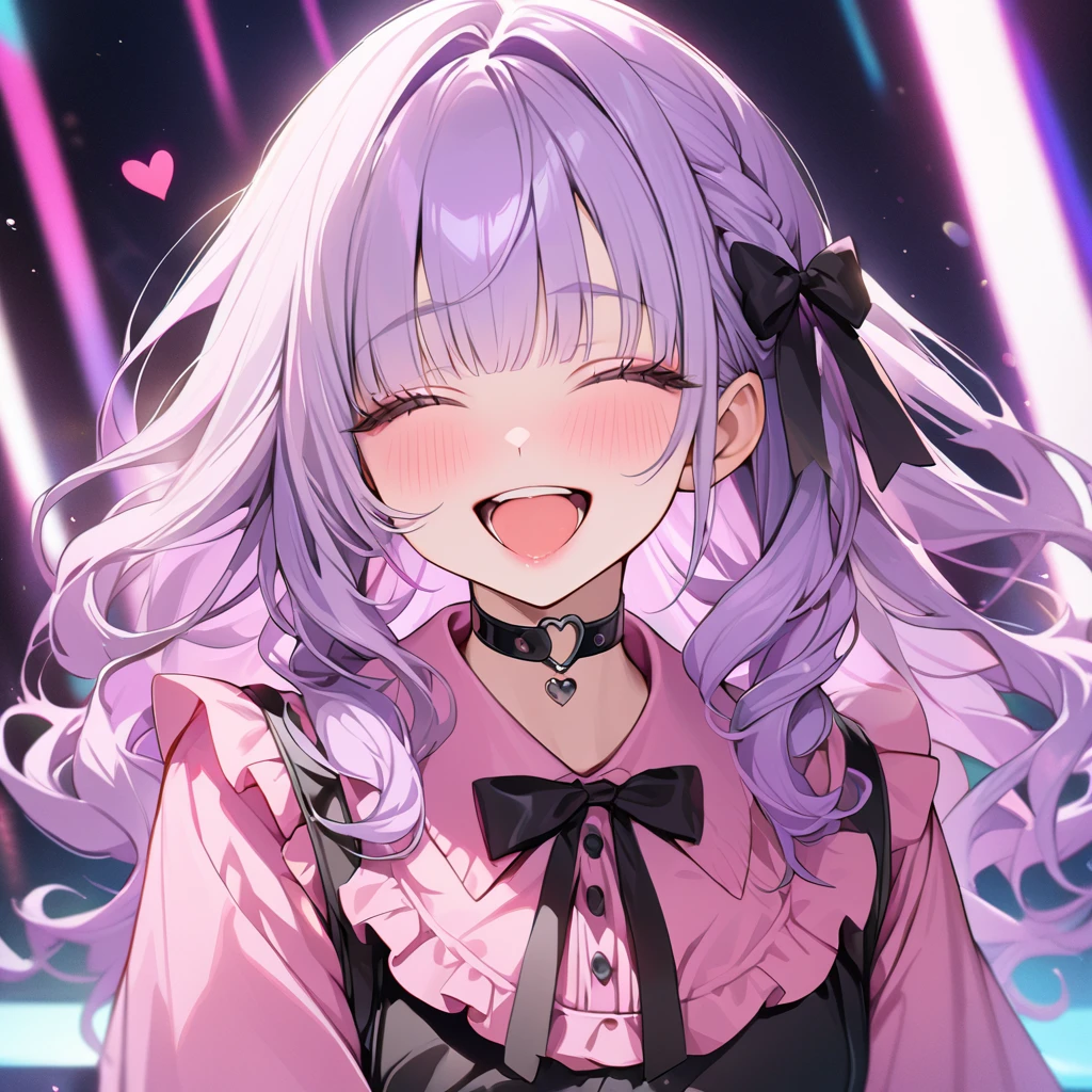 beautiful a girl,pale purple hair,wavy two braids,blunt bangs hair,green and black eyes,(one girl is wearing 
pink shirt,cosplay, jirai kei, bangs, black skirt, black bow, looking at viewer, bow, long sleeves, choker, ribbon,pink lips, (highest quality,masterpiece,16K or 8K,Super detailed,),(Upper body、front), background Colorful heart,  beautiful, masterpiece, highest quality、floating hair, wavy hair,fluffy hair、 Hair in the wind, green and black colored eyes, long eyelashes, beautiful eyes, light smile, bright pupils, (a girl closes her eyes and opens her mouth and smiles happily.),digital illustration, highest quality,High resolution, happy, laughing,Singing with a microphone in the bright lights of a concert,