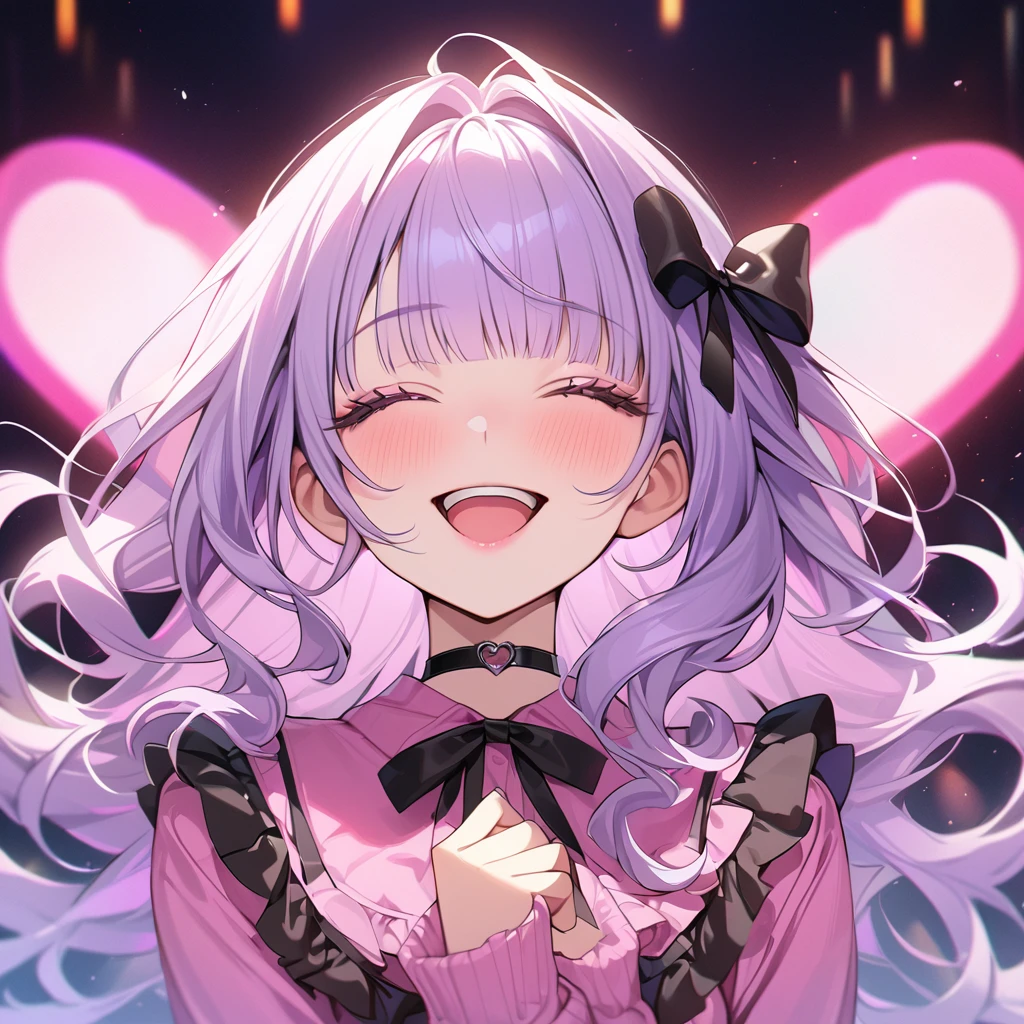beautiful a girl,pale purple hair,wavy two braids,blunt bangs hair,green and black eyes,(one girl is wearing
pink shirt,cosplay, jirai kei, bangs, black skirt, black bow, looking at viewer, bow, long sleeves, choker, ribbon,pink lips, (highest quality,masterpiece,16K or 8K,Super detailed,),(Upper body、front), background Colorful heart, beautiful, masterpiece, highest quality、floating hair, wavy hair,fluffy hair、 Hair in the wind, green and black colored eyes, long eyelashes, beautiful eyes, light smile, bright pupils, (a girl closes her eyes and opens her mouth and smiles happily.),digital illustration, highest quality,High resolution, happy, laughing,Singing with a microphone in the bright lights of a concert,