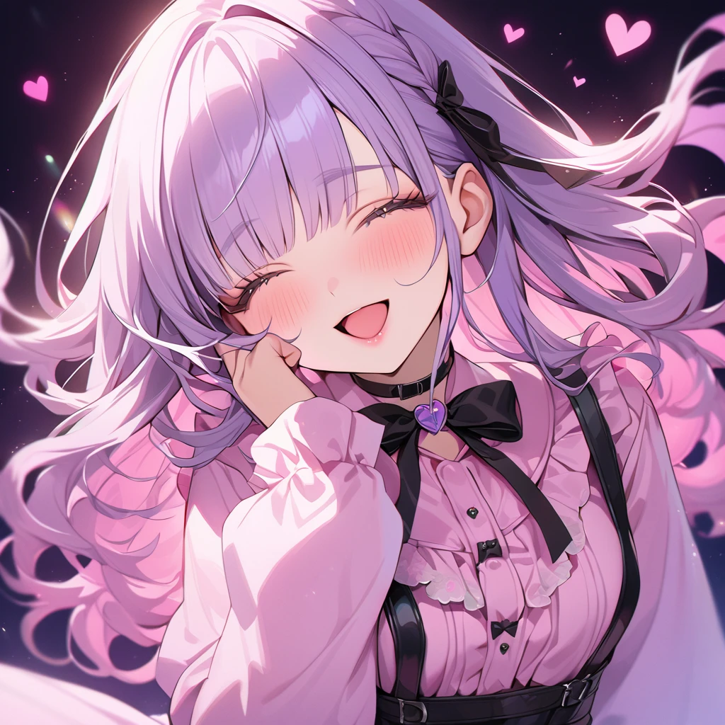 beautiful a girl,pale purple hair,wavy two braids,blunt bangs hair,green and black eyes,(one girl is wearing
pink shirt,cosplay, jirai kei, bangs, black skirt, black bow, looking at viewer, bow, long sleeves, choker, ribbon,pink lips, (highest quality,masterpiece,16K or 8K,Super detailed,),(Upper body、front), background Colorful heart, beautiful, masterpiece, highest quality、floating hair, wavy hair,fluffy hair、 Hair in the wind, green and black colored eyes, long eyelashes, beautiful eyes, light smile, bright pupils, (a girl closes her eyes and opens her mouth and smiles happily.),digital illustration, highest quality,High resolution, happy, laughing,Singing with a microphone in the bright lights of a concert,