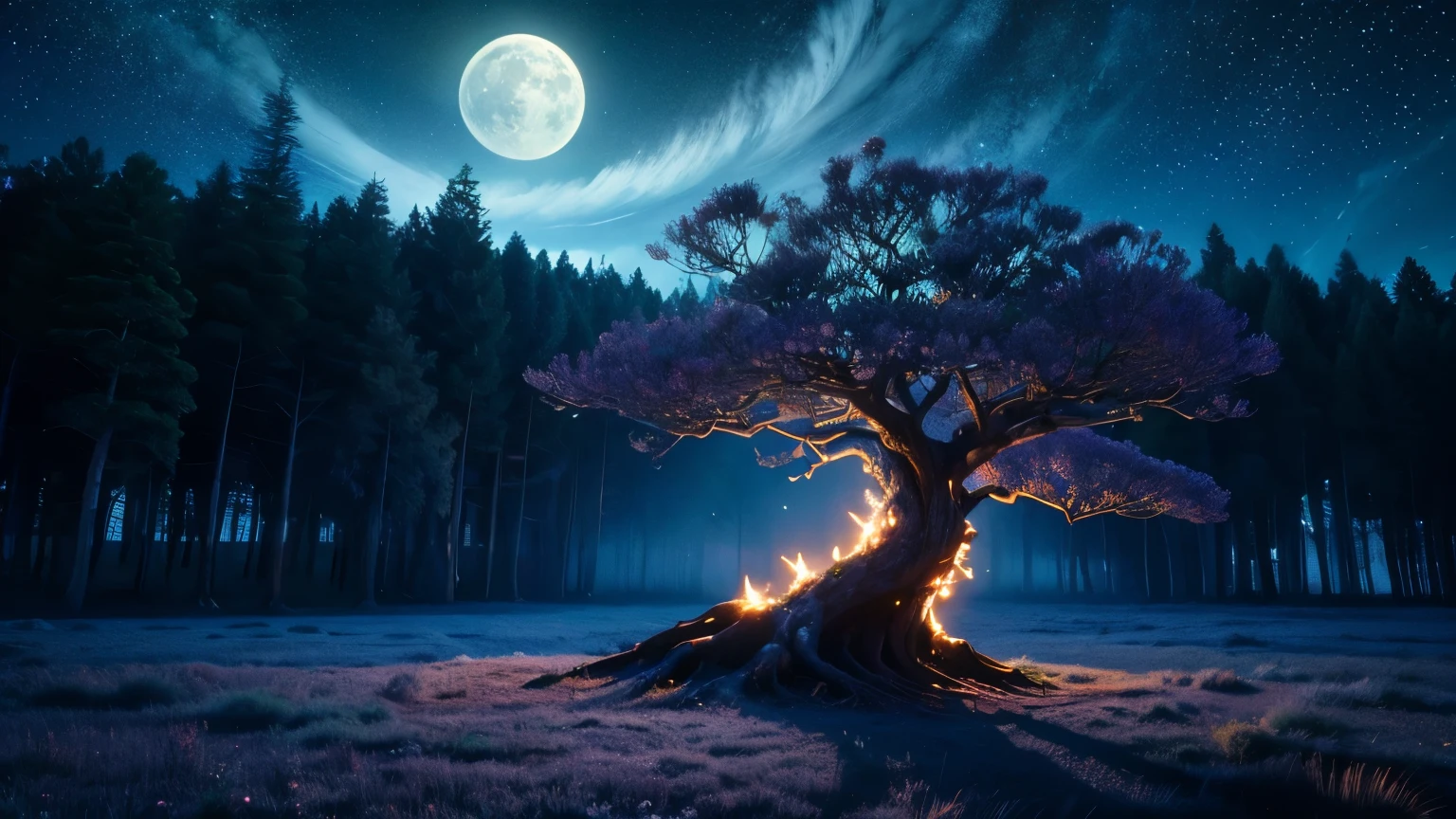 Surreal, otherworldly, ultra-sky scene illustration featuring a giant crystal tree full body, highly detailed and magical lighting, beautiful moonlit night, intricate forest details, surrounding vegetation and river, solarpunk, landscape, huge tree, beautiful leaves with beautiful lighting and realistic proportions, like a movie background, 8k, best quality, masterpiece, sky with clouds and stars.Big moon in the background, cinematic moonlit night.