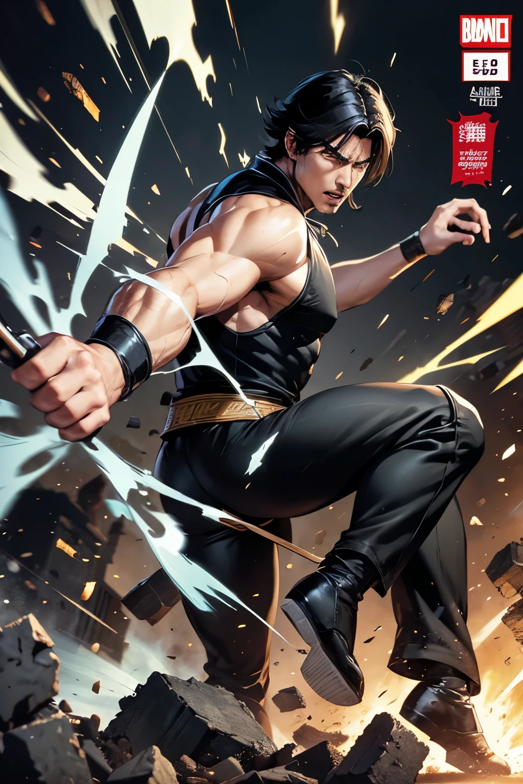 (Comic books) white male, Bblack hair, Cao Cao, black jersey, black pants, enters a destroyed workroom scared 