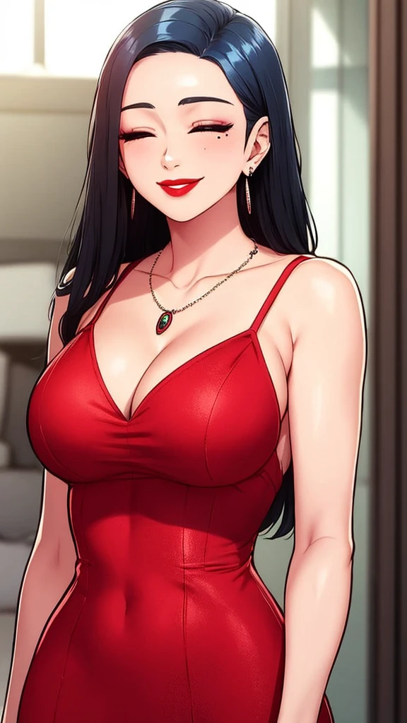 1girl,solo,long hair,smile,black hair,dress,jewelry,closed mouth,closed eyes,upper body,earrings,necklace,mole,blurry,eyelashes,mole under eye,makeup,red dress,lipstick,realistic,red lips