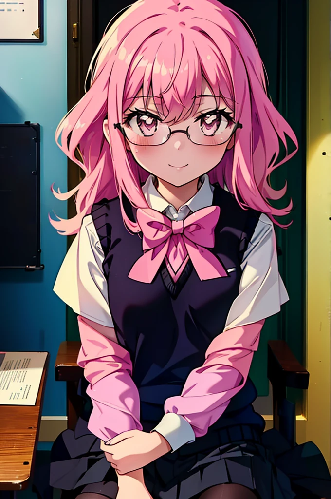 {{masterpiece}},{{Highest quality}},{{High resolution}},{{Caustics}},{{Familiar}},blush,
smile,Louise Françoise Le Brun de La Valliere,Akabuchi Glasses Pink Hair,Pink Eyes, 黒break skirt, shirt, bow, ribbon, , white shirt, Short sleeve, Pleated skirt, collared shirt, mini skirt, bowtie, 黒いloafers , Black Skirt, Black pantyhose, loafers, green bow, (pink sweater vest:1.5),,classroom,Sit on a chair,whole body,(Cowboy Shot:1. 5),break (masterpiece:1.2), Highest quality, High resolution, unity 8k wallpaper, (shape:0.8), (Fine and beautiful eyes:1.6), Highly detailed face, Perfect lighting, Highly detailed CG, (Perfect hands, Perfect Anatomy),