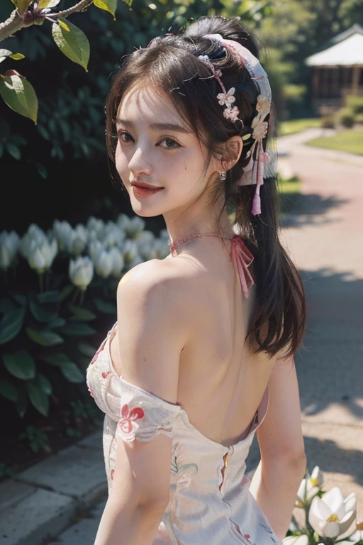 ((((8K))),((Extremely detailed CG)) ,(wallpaper),16K,((extremely delicate and beautiful)),(((masterpiece))),(((best quality))),(((超High resolution))),beautiful lights,Perfect Lightning,Realistic shadows,((High resolution)),(Smooth and flawless fair skin:1.5),(pale skin:1.3),(Facial details are extremely delicate:1.2),(Perfect body:1.1),(Super detailed),((A beautiful girl,alone)),(small head:1.2),(headdress flower:1.2),(Short Ponytail:1.2),(Small face:1.2),(baby face:1.3),(Sophisticated makeup:1.2),(earrings:1.2),(necklace:1.2),(Small Breasts:1.2),(flat chest:1.2),((Slim,Thin)),(happy:1.2),(Smile:1.2),(Maxi Gorgeous Delicate Embroidery Pink_red hanfu:1.5),(Apart from:1.3),(Daytime scene:1.3),(Bright sunshine:1.3),(outdoor:1.2),(early spring:1.3),(On the Hill:1.3),(blooming magnolia:1.3),(Detailed Background:1.5),(eternal:1.3),(Upper Body:1.2),(from behind:1.2),