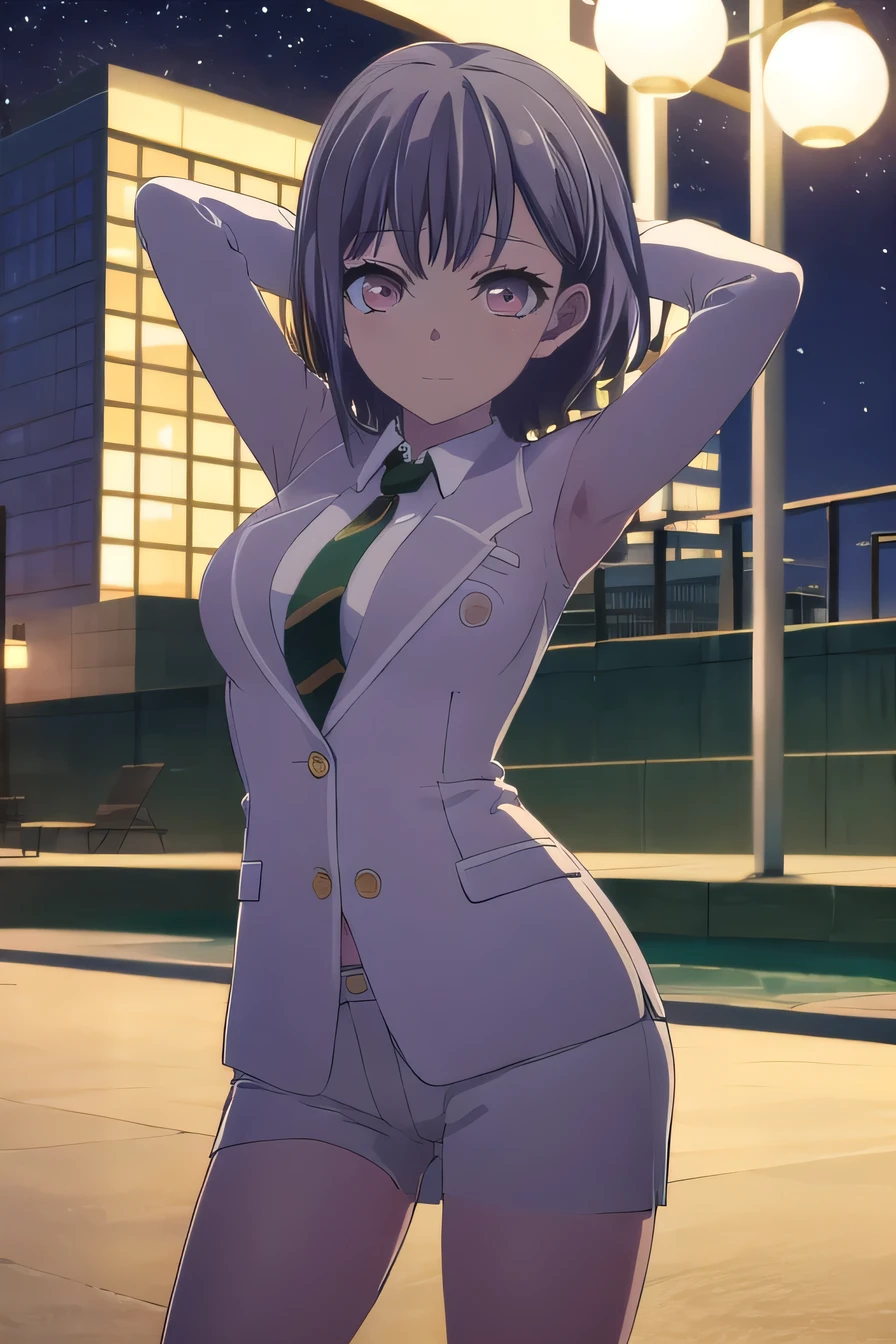 solo, 1girl, looking at viewer, anime, anime coloring, high quality, solo, 1girl, night sky, beach, arms behind head, (contrapposto), closed mouth, spread armpits, (cowboy shot:1.5), looking at viewer, expressionless, best quality, tomori takamatsu, , blazer, necktie, smile