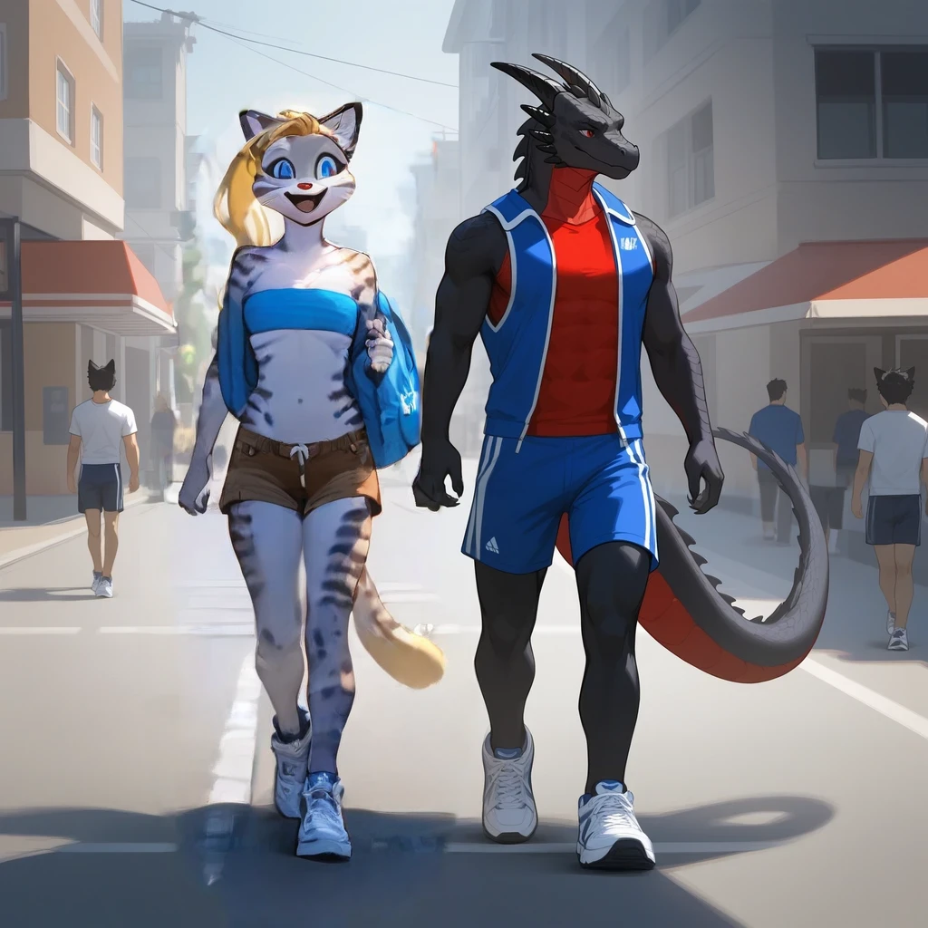 score_9, score_8_up, score_7_up, Kat, (anthro furry feline, Kat, silver furry body, blonde hair, hair in ponytail blue eyes, long blonde hair, wearing blue bandeau, brown short shorts, white sneakers), happy, walking, outdoors