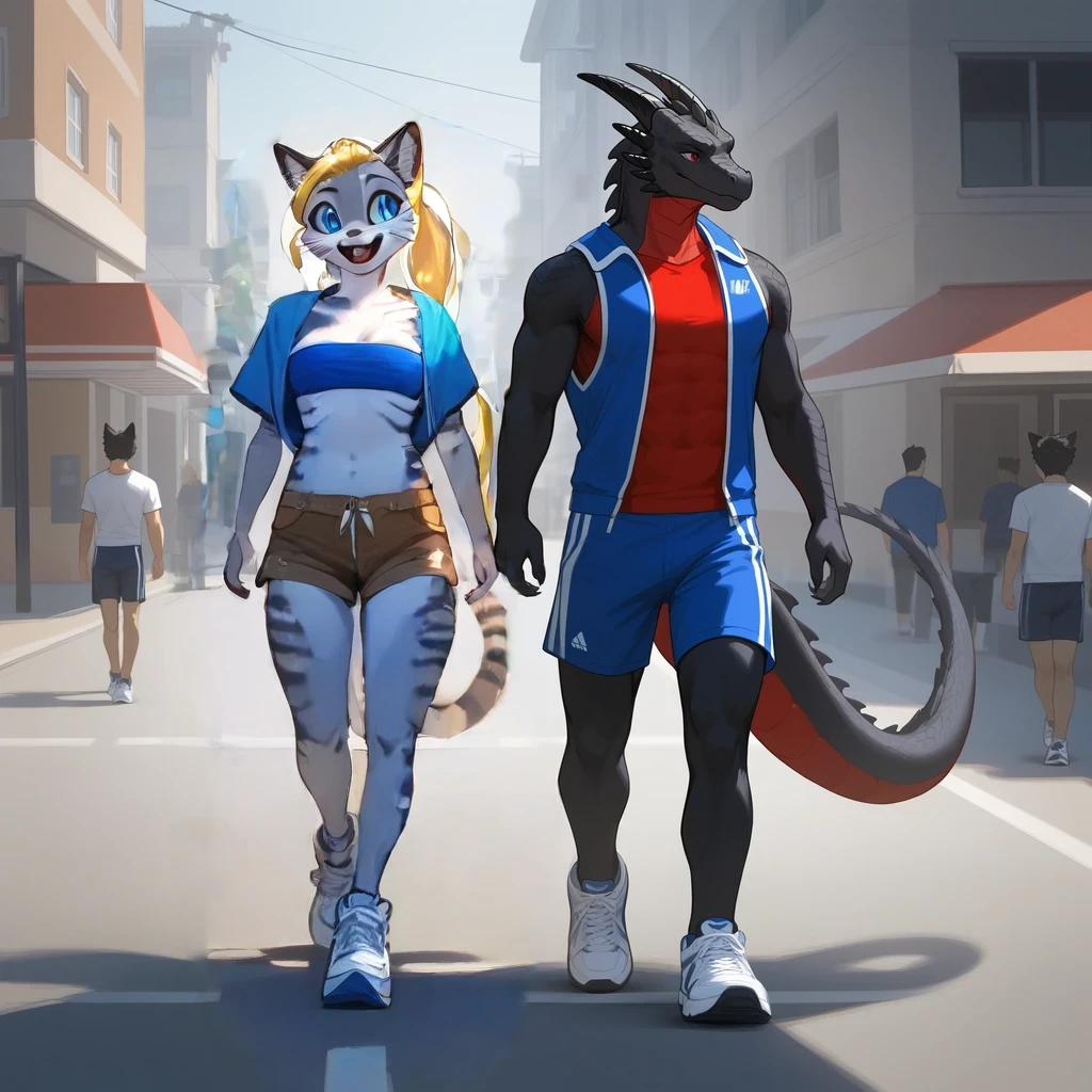 score_9, score_8_up, score_7_up, Kat, (anthro furry feline, Kat, silver furry body, blonde hair, hair in ponytail blue eyes, long blonde hair, wearing blue bandeau, brown short shorts, white sneakers), happy, walking, outdoors