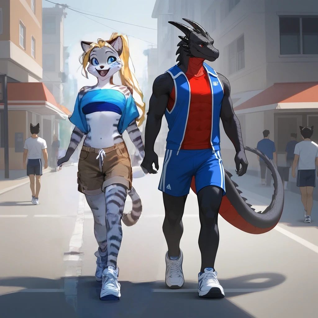 score_9, score_8_up, score_7_up, Kat, (anthro furry feline, Kat, silver furry body, blonde hair, hair in ponytail blue eyes, long blonde hair, wearing blue bandeau, brown short shorts, white sneakers), happy, walking, outdoors