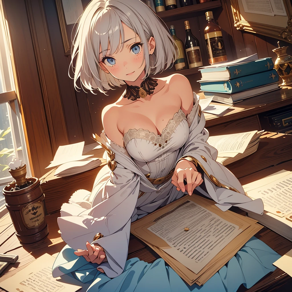 ((masterpiece)), ((best quality)), (ultra-detailed), ((extremely detailed)), 4K, (8K), best quality, a beautiful woman, ((beautiful light gray hair)), shiny hair, ((fluffy bob cut)), light blue eyes, detailed skin, freckled skin, flushed cheeks, 20 years old, Super detailed alcohol ink painting of gorgeous girl, Made on top of a mixed-media masterpiece patchwork of stress-free vintage script paper, Ephemera, Torn cardboard, Vintage newspaper, Vintage sheet music, Wax Seal, Dress made of paper ruffles and life-size dainty lace, in the style of [Junk Journal, double exposure, Equal to the size of the body, Greg Simkins, Mark Davis, Oliver Jeffers, Andy Kehoe], Cinematic, Stunning, Highly detailed, 8K, dehazed, Smile, surprise