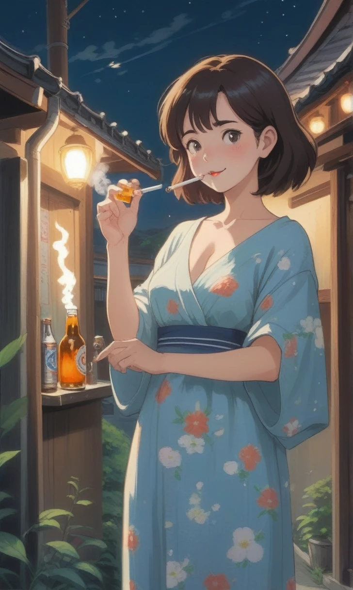Ghibli-style painting、Summer Nights in Japan、A woman holding a cigarette opens a can of beer、Women finish work、Dress relaxed、A relieved expression