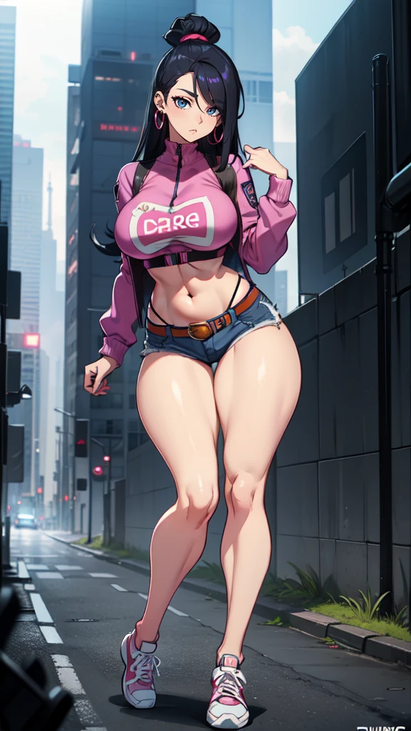 (blank background), (((full body framing))), standing, (masterpiece), (best quality), huge girl, (muscular girl:0.8), (thin hair:1.7), (long blue jeans), massive breast, hair over one eye:1.4, sport bra, (fuchsia hair), belt under navel, sneakers, ((long legs:1.6)), rock band shirt, cute:1.8, adorable:1.8, leather jacket, cyberpunk girl, ear piercings, earrings, tatoo, (very curvy:1.3), 1girl, solo, (curvy:1.4)