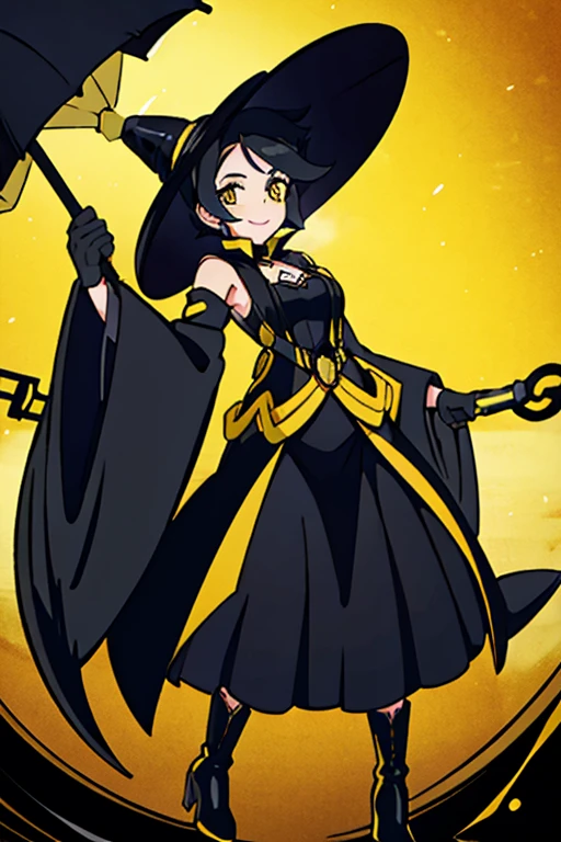Old woman, vintage elegant black dress, elegant smile, bright yellow eyes, metallic boots, elegant black gloves, black elegant hat, black umbrella in the right hand, long black hair.