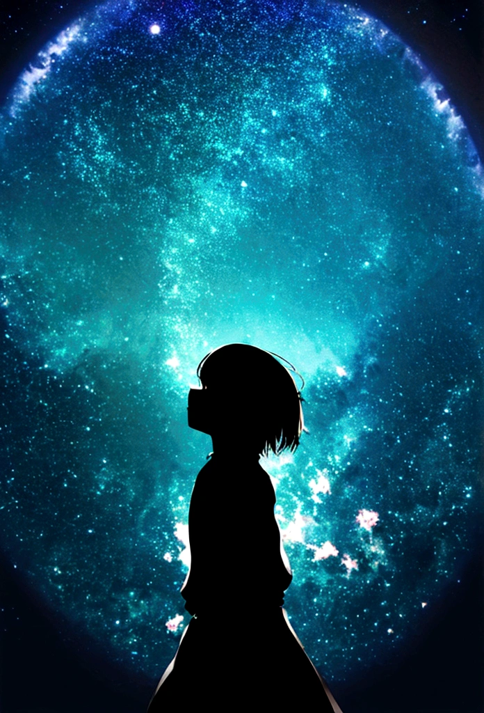 Sky, it's night, the night is full of stars, there are planets in the sky, bright colors, Incredible details, Loli, short hair, galaxy hair, green eyes, silhouette, tanned, black sweater,