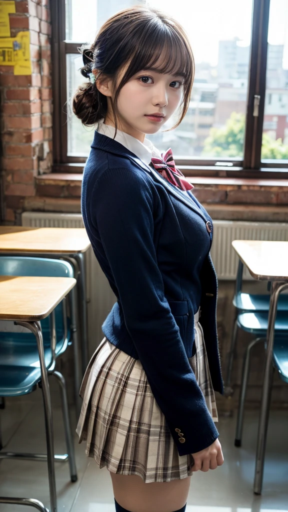 masterpiece, best quality, illustration, Super detailed, fine details, High resolution, 8K,wall paper, perfect dynamic composition,(Details High quality, realistic depiction of eyes:1.3), from side, High School Classroom、High school girl uniform、blazer 、Super Short Check Uniform Skirt、Navy blue high socks、garterbelts、plump breasts, Disturbed uniform,  (updo:1.2), black hair color, large breasts, Big Natural Color Lip, bold sexy pose, (perfect body shape), crying a little、20 year old girl、cute type, beautiful legs, hposing Gravure Idol, Voluptuous thighs