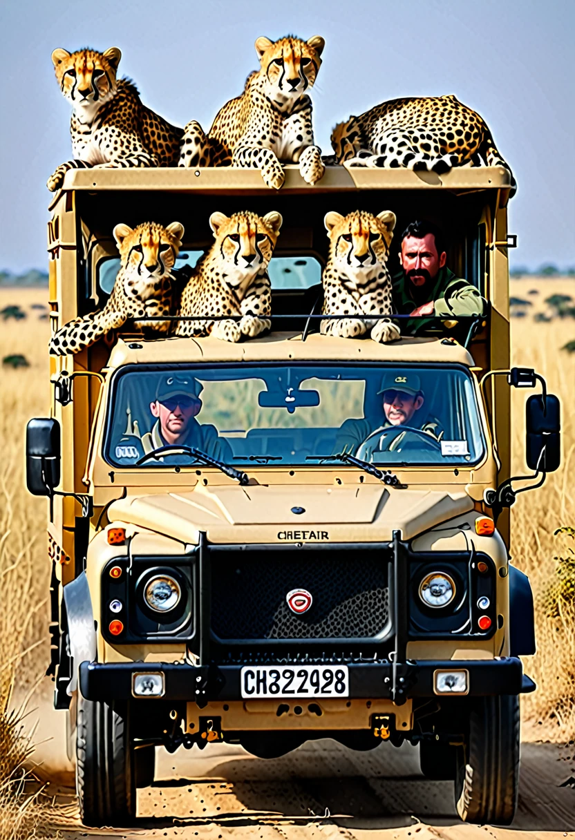 Highest quality、detailed、8K、3 men、Cheetah、木の枝に乗ったCheetahは望遠鏡で覗く、Hunters in a safari truck