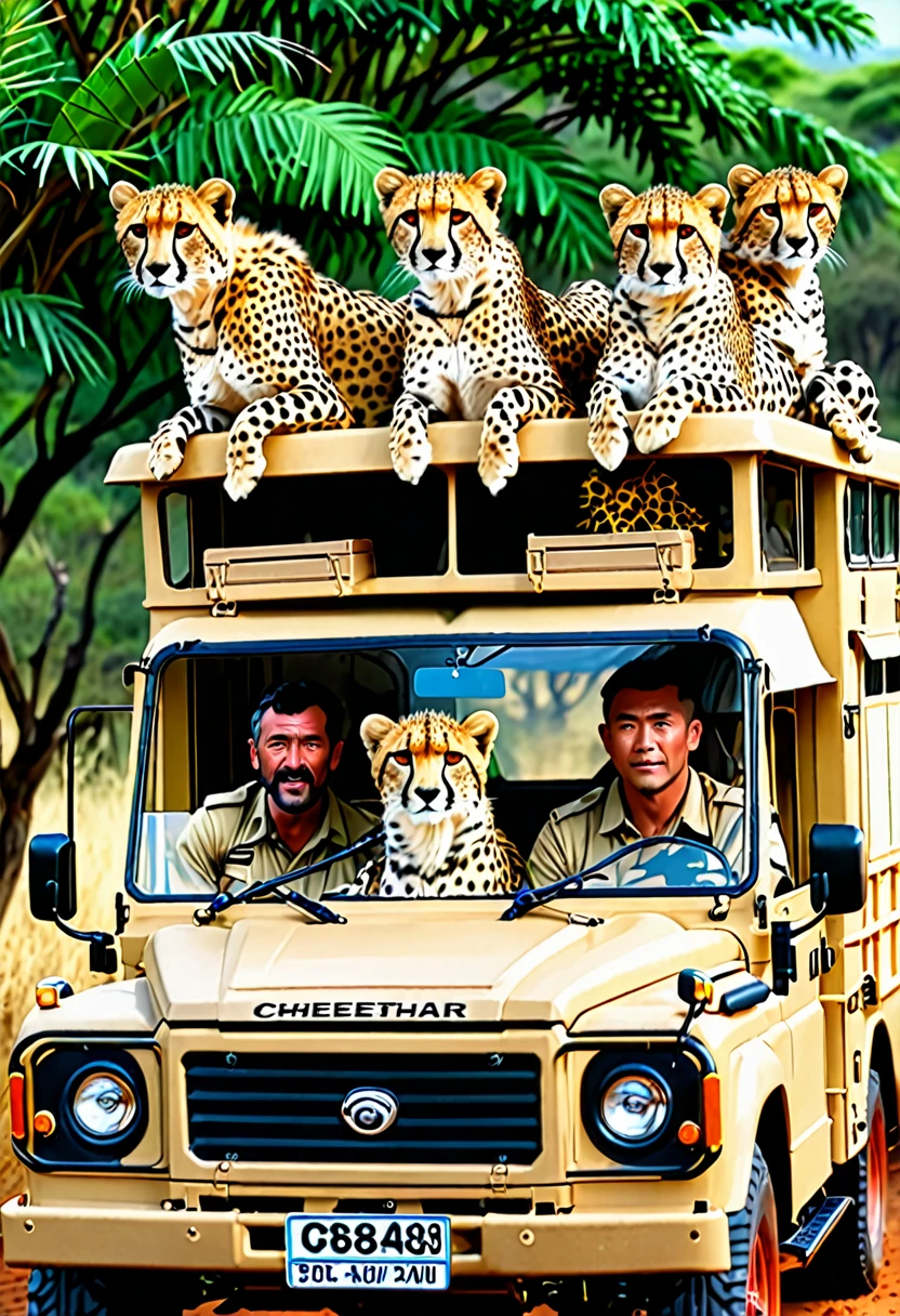 Highest quality、detailed、8K、3 men、Cheetah、木の枝に乗ったCheetahは望遠鏡で覗く、Hunters in a safari truck