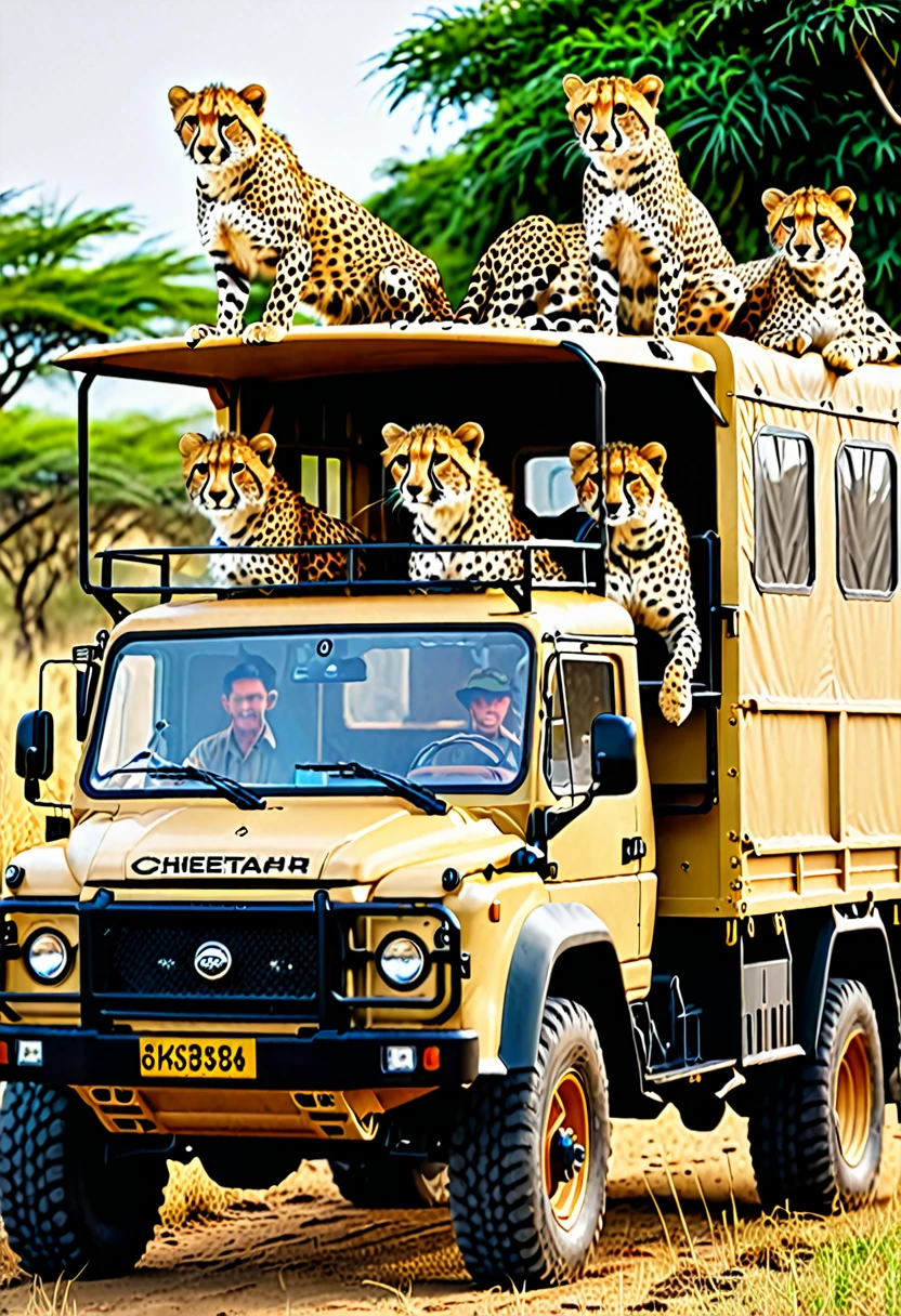 Highest quality、detailed、8K、3 men、Cheetah、木の枝に乗ったCheetahは望遠鏡で覗く、Hunters in a safari truck