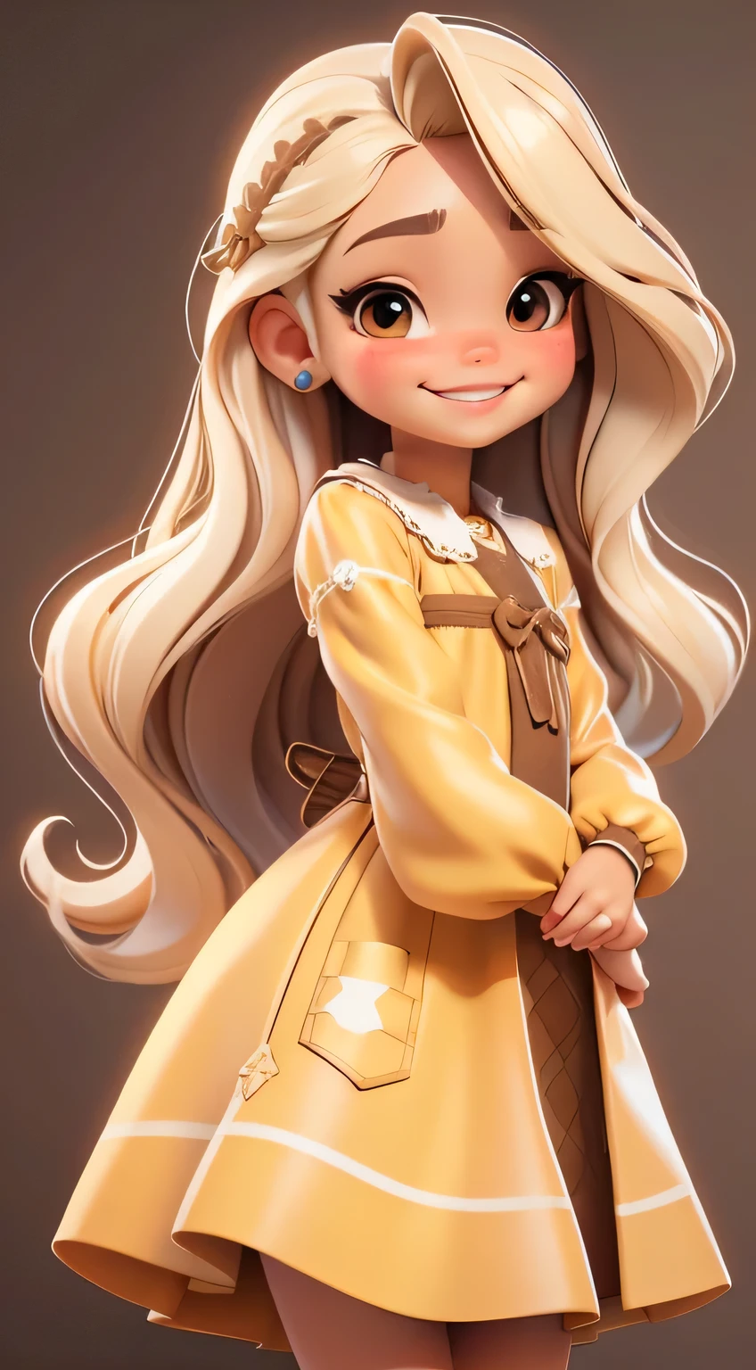Create a 3D illustration of a light-skinned standing character. The character must wear a dress, brown colored eyes, cute expression smiling, long straight blonde hair