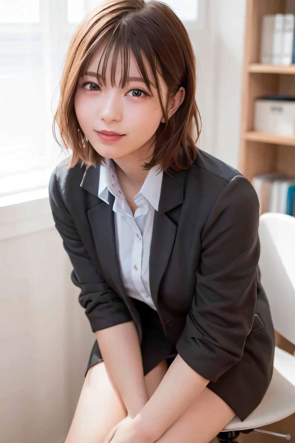 (RAW Photos, Highest quality), (Realistic, Realistic: 1.3), masterpiece, Very delicate and beautiful, Very sophisticated, CG, Unity, 2k wallpaper, wonderful, Are you okay, Bright smile, Very sophisticated CG Unity 8K wallpapers, Large file size, 超High resolution, High resolution, Disorganized, Soft Light, ((short hair: 1.3), Short bangs, Silver Hair, Floating Hair Nova Frog Style), Details of a beautiful girl, Are you okay fingers, very Are you okay eyes and face, Beautiful nose details, Beautiful eyes in every detail, Long eyelashes, Light on the face, Looking at the audience, (Shut your mouth.: 1.2) 1 Girl, cute, young, Adult face, (whole body: 1.3) Realistic Face, Realistic body, Slim and beautiful thighs, ( Urzan-6500-v1. 1:0.8) business suit, Cross lace clothing, Collared shirt, , office, Open cardigan, Black thighs,