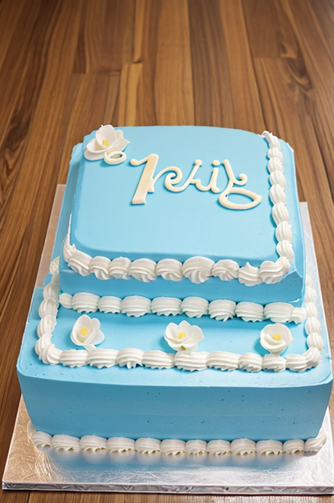 Rectangular cake, light blue night blue, white and with golden touches, nursing boarding school closing