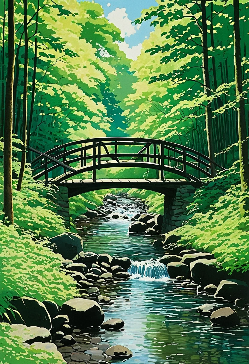 A painting of a bridge in the woods with a stream running underneath it, Miyazaki's painting, Pixiv, Romanticism, studio ghibli environment, Studio Ghibli's smooth concept art, Studio Ghibli movie stills, Anime Rush John 8k Woods, Beautiful anime scene, Beautiful peaceful scene in anime, Anime Nature, Scenery of Studio Ghibli, Beautiful anime scenery, Ghibli art style