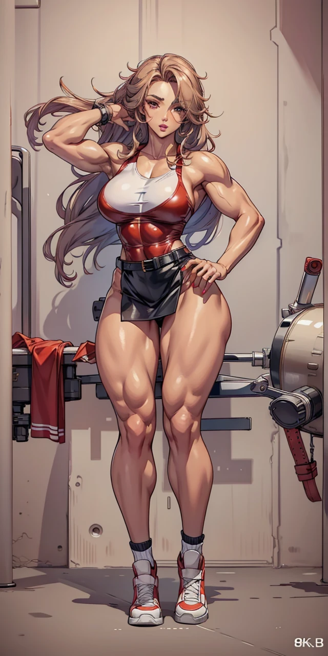 Good, female character, extremely lifelike, very beautiful, Fitness, big-, legs thick, 8K, red leather skirt 
