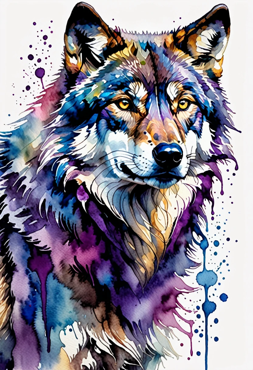Animals painted in watercolor with vivid and expressive colors, a wolf in blue and purple tones on a white background. The wolf is painted with fluid and soft details, capturing its majestic and mysterious essence. Blue and purple tones blend harmoniously, creating a rich and vibrant palette. The wolf has an intense and enigmatic expression, with its eyes shining in contrast to the colors of its fur. The white background highlights the bright colors, making the wolf stand out with strength and elegance. This design combines the beauty of nature with the artistic creativity of watercolor, resulting in a visually striking and attractive image., Realism, Hyperrealism, UHD, masterpiece, accurate, anatomically correct, textured skin, super detail, award winning, 16k
