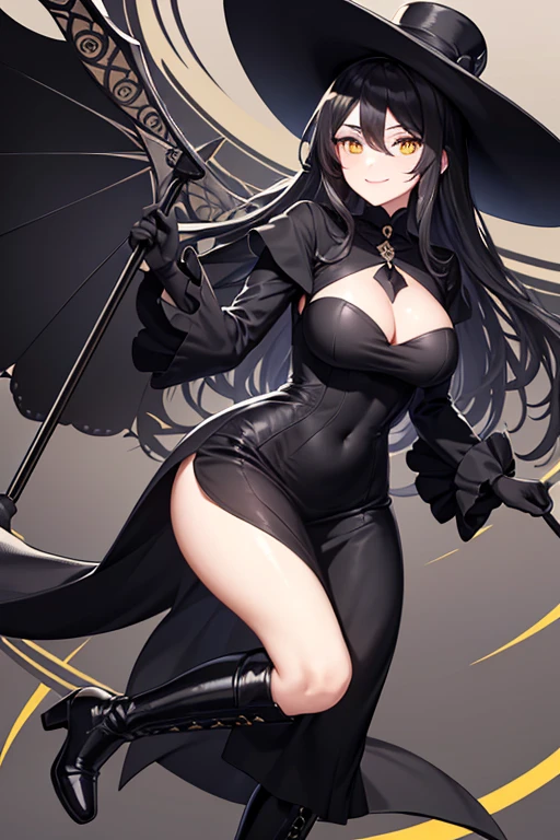 Old woman, vintage elegant black dress, elegant smile, bright yellow eyes, metallic boots, elegant black gloves, black elegant hat, black umbrella in the right hand, long black hair.