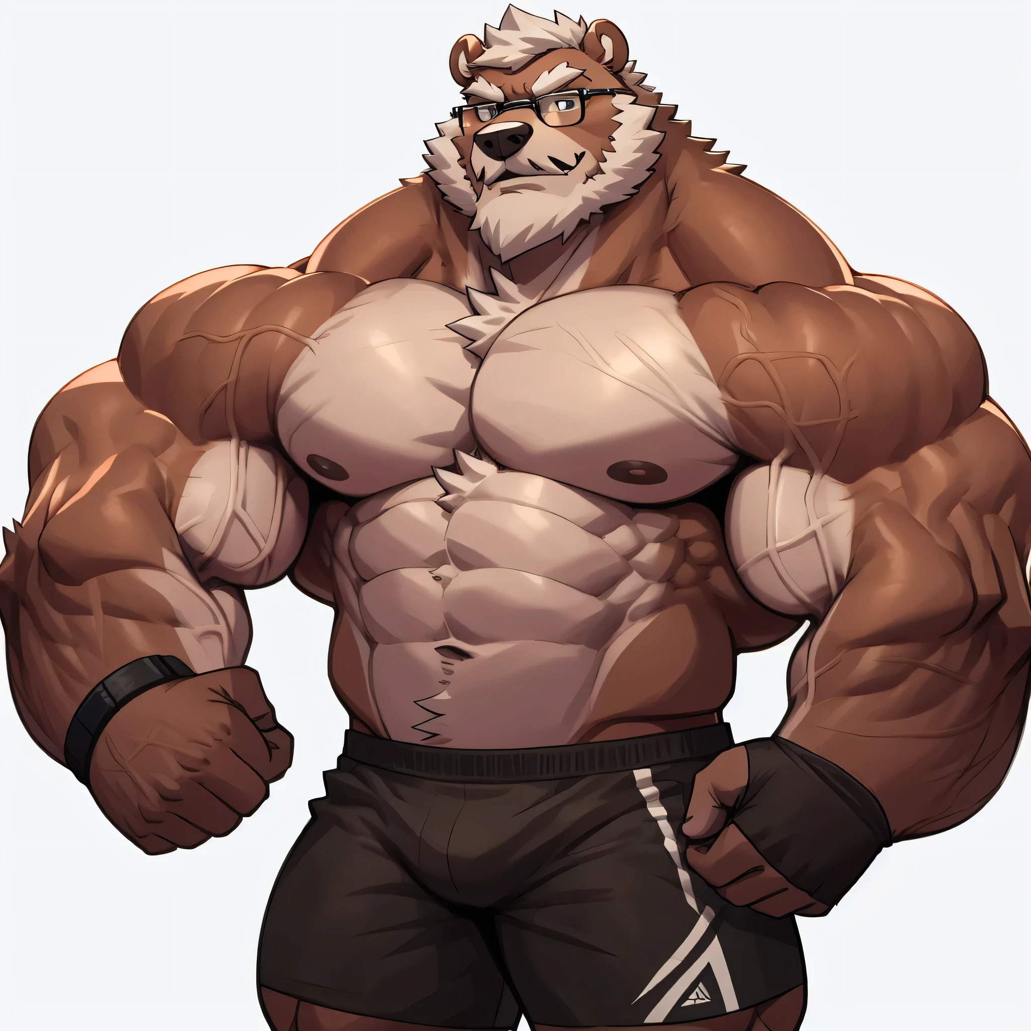 solo, 1boy, Huge Muscular Old Grizzly Bear wearing glasses , pectoral, huge pectoral, wide pectoral, short white hair, short pants, black wristbands and shirtless, bearded, Mustache, simple background, masterpiece, high detailed, 8k, high resolution, at the gym, flexes his huge bulging muscles, veins popping