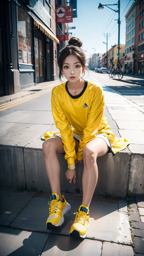 man in colorful dress,(Look up:1.5),athletic sneakers,Shallow space,Urban architectural background,Sit Pose,Best quality, Masterpiece, 8K,depth of fields