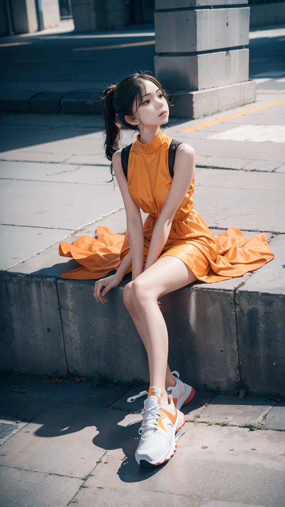 man in colorful dress，(Look up:1.5)，athletic sneakers，Shallow space，Urban architectural background，Sit Pose，Best quality, Masterpiece, 8K，depth of fields