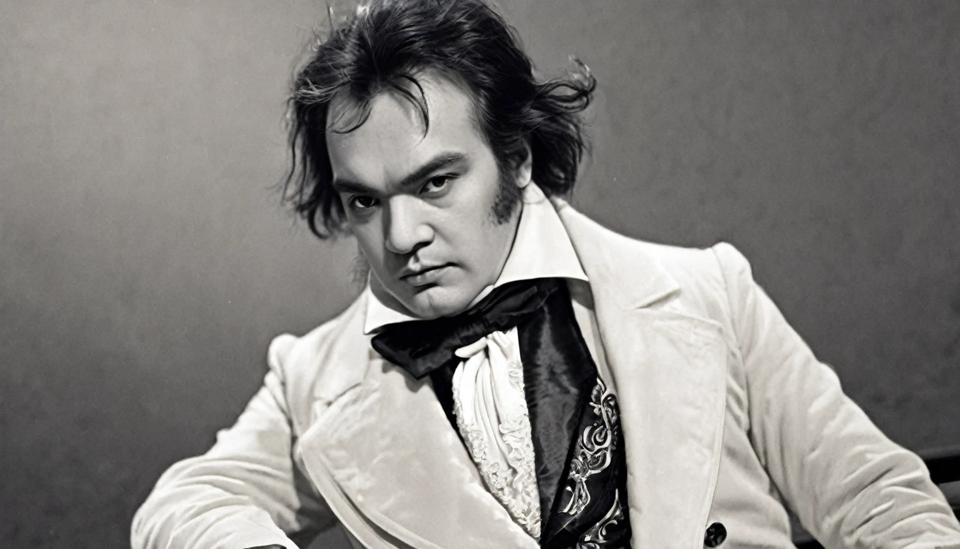 Beethoven is conducting vigorously., Beethoven's "Moonlight Sonata" 3rd movement. Intense arpeggios and rapid passages captivate the listener, evoking deep emotions. It portrays the dramatic landscape illuminated by the moonlight in the night sky, offering a breathtaking musical experience.
