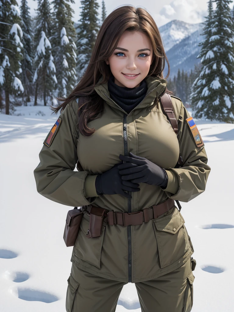 Score_9, Score_8_up, Score_7_up, 1 woman, Russian soldier, beautiful, brown hair, huge G-cup giant breasts, curvy body, uhd, military uniform, (cameltoe), with snow coat, tactical ballistic vest, realistic, beautiful face, beautiful eyes, with a macabre smile, highly detailed skin, covered in sweat, relaxed position, making an everything is fine gesture with his hands, snowy field
