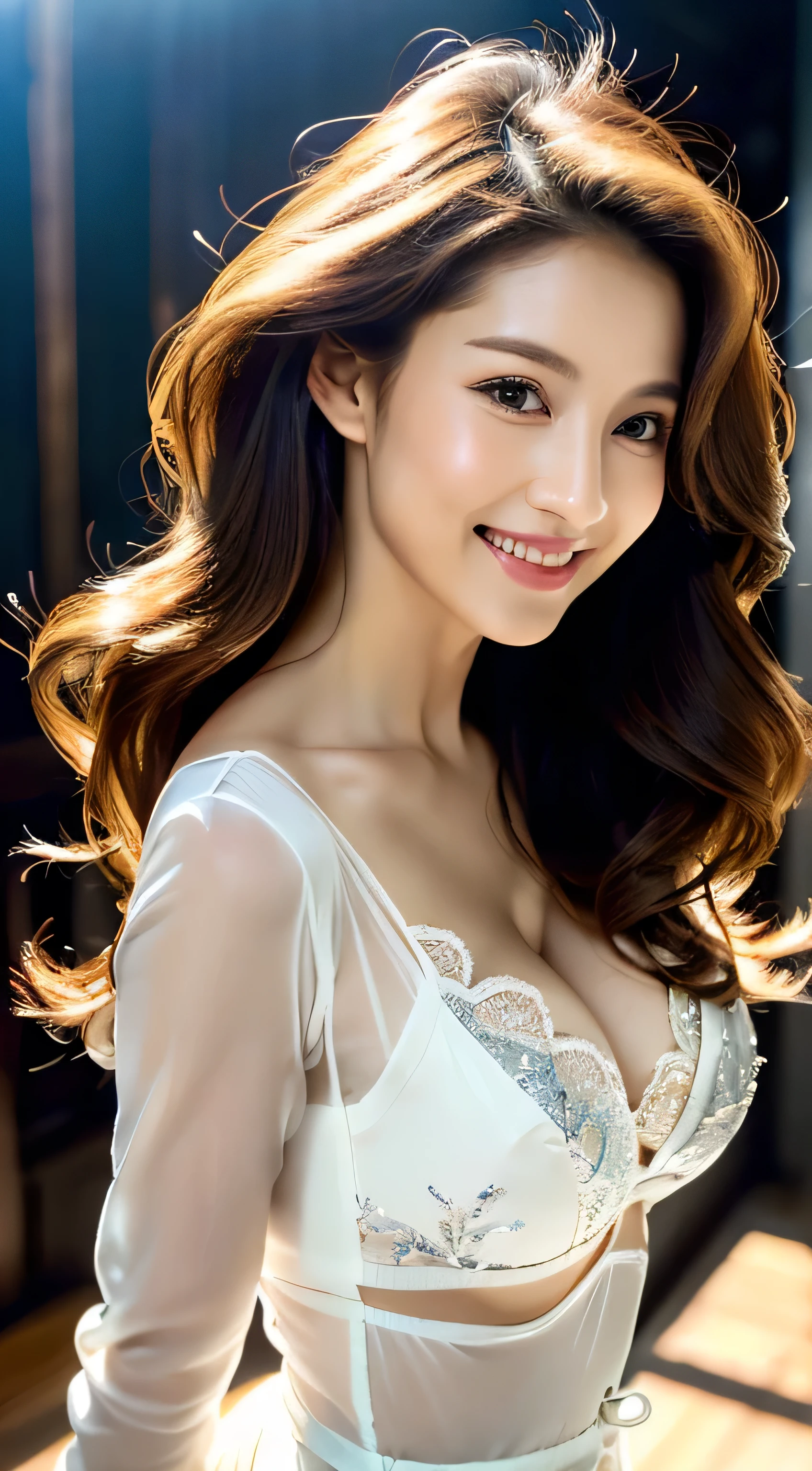 beautiful detailed face、Pale skin、Realistic glowing skin、Detailed cloth texture、Detailed hair texture、Perfect body、Beautiful Face、correct、Anatomically correct、 Highly detailed face and skin texture、Natural neck length、(Beautiful Hands)、(Fair skin:1.2)、Thin legs、Thin legs、 Break Fine Eyes、Symmetrical eyes、Light brown eyes、double eyelid、Thin eyebrows、(Glossy Lips:1.4)、((Gentle smile:1.2))、(blush:1.1)、 BREAK (Elegant and cute girl:1.3)、Medium-sized large breasts、(Slim body type:1.1)、Toned Abs、Beautiful clavicle、 (dark blonde、Wavy Hair、Long Hair:1.2)、 ((Asymmetrical bangs:1.2))、(Cowboy Shot:1.2)、Side view:0.65、((full figure supermodel standing, entire body in frame:1.4))((Flowing white dress decorated with intricate silver embroidery_long sleeve_Thin:1.3))、((standing gracefully:1.6)),((Long straight hair_Hair reaching down to the waist:1.3))((look down at the viewer,from below:1.5)),((standing gracefully:1.6))((Strongly blurred beautiful office corridor background:1.1)、((smile_Running towards here_long flowing hair:1.4)),((Place your left hand gently on your chin:1.3))