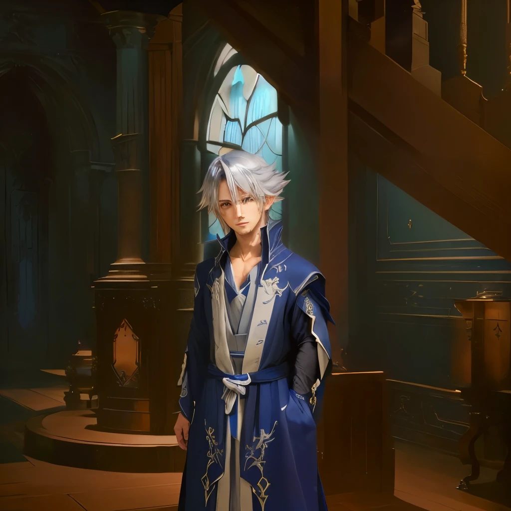 anime character in a blue and white outfit standing in a room, lalafell, he has dark grey hairs, young shadow mage male, thancred waters in style of wlop, ((wearing aristocrat robe)), from bravely default ii, roguish smirk