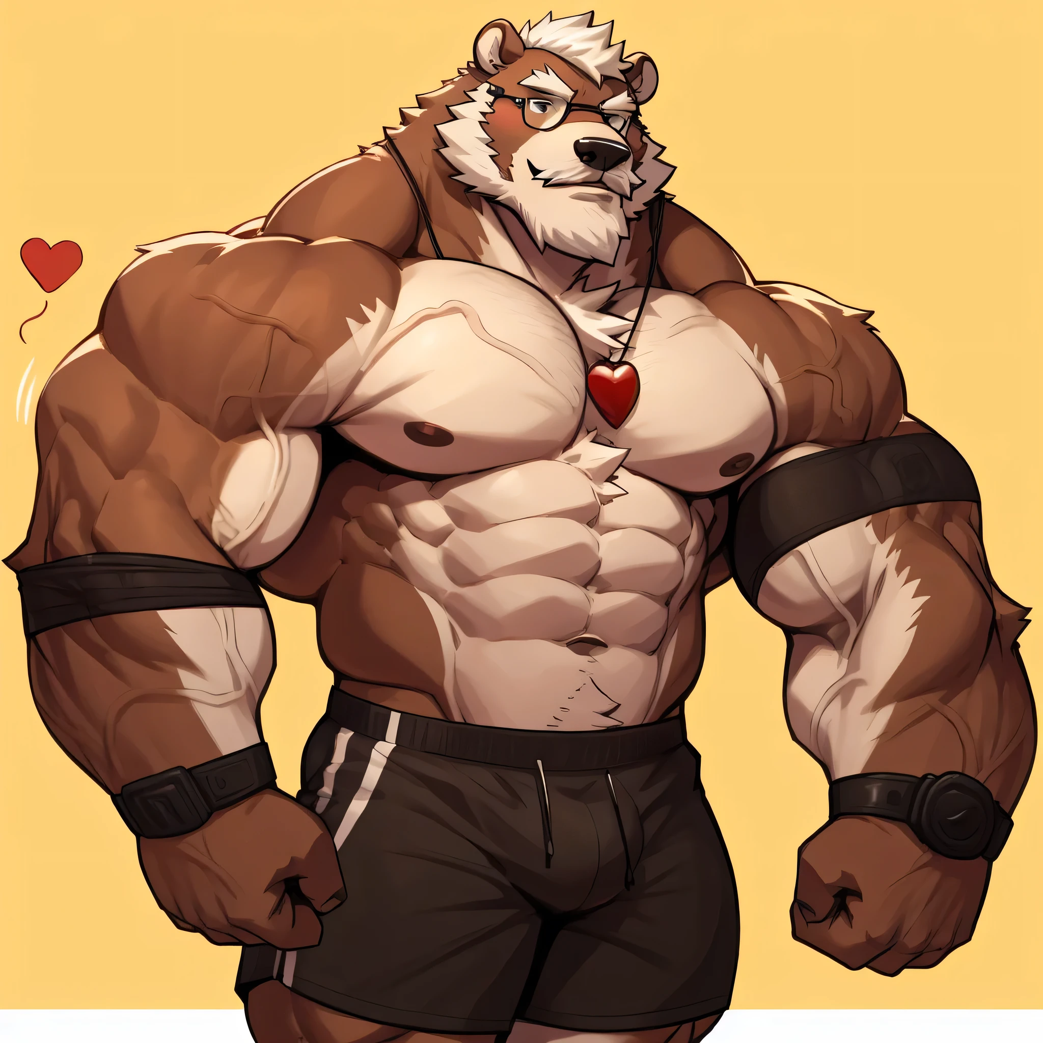 solo, 1boy, Huge Muscular Old Grizzly Bear wearing glasses , pectoral, huge pectoral, wide pectoral, short white hair, short pants, black wristbands, armband heart rate monotrt and , bearded, Mustache, simple background, masterpiece, high detailed, 8k, high resolution, at the gym, flexes his huge bulging muscles, veins popping