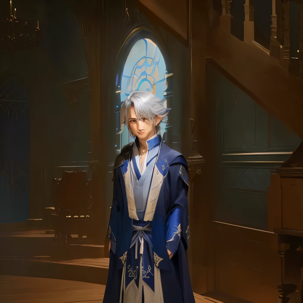 anime character in a blue and white outfit standing in a room, lalafell, he has dark grey hairs, young shadow mage male, thancred waters in style of wlop, ((wearing aristocrat robe)), from bravely default ii, roguish smirk