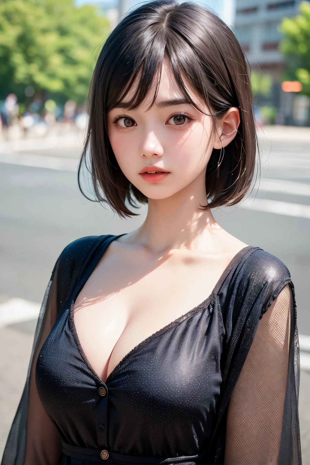 (1 nogizaka girl,raw photo,photo realistic:1.5),(best quality, high quality,HDR, highest quality,ultra high resolution,high resolution,high res,ultra high difinition,huge file size,8K,2K wallpaper,8K wallpaper,high quality texture,amazing,an extremely delicate:1.4),one girl, Japanese famous idol,beautiful face,small face,absurd,ridiculous,incredibly ridiculous,blurry background,(sundress,short hair,cleavage,no makeup:1.2),medium skin,beautiful skin,detailed skin,black hair,silky hair,detailed eyes,black eyes,Japanese nose,5-fingers,(Light Particles, Lens Flare, Luminous Particles: 0.7),looking at viewer,bright lighting,professional lighting,girl