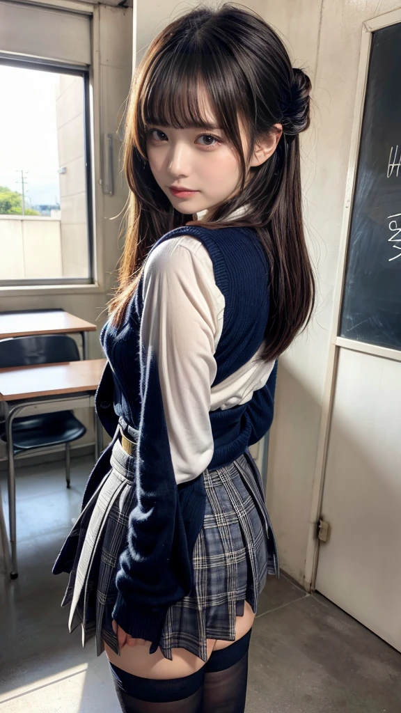 masterpiece, best quality, illustration, Super detailed, fine details, High resolution, 8K,wall paper, perfect dynamic composition,(Details High quality, realistic depiction of eyes:1.3), from side, High School Classroom、High school girl uniform、blazer 、Super Short Check Uniform Skirt、Navy blue high socks、garterbelts、plump breasts, Disturbed uniform, (updo:1.2), black hair color, large breasts, Big Natural Color Lip, bold sexy pose, (perfect body shape), crying a little、20 year old girl、cute type, beautiful legs, hposing Gravure Idol, Voluptuous thighs